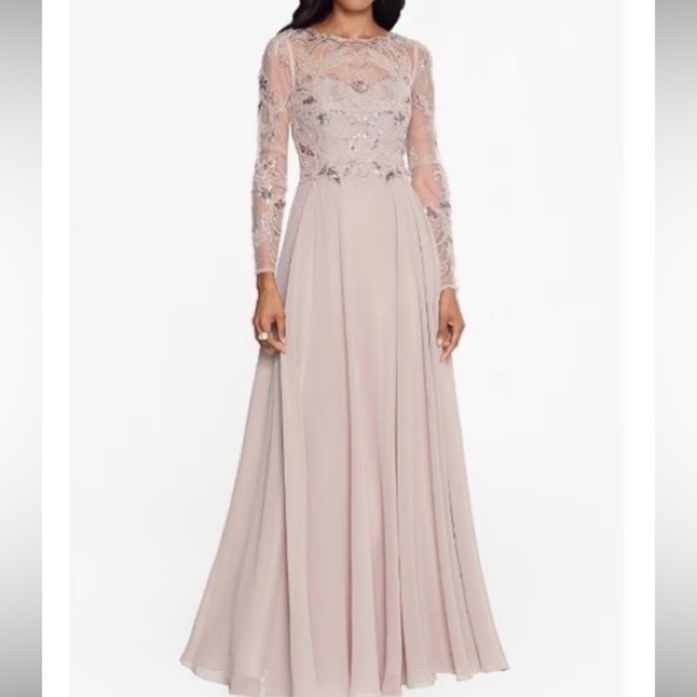 XSCAPE.  Illusion Crew Neck Long Sleeve Floral Beaded Bodice Chiffon Gown.